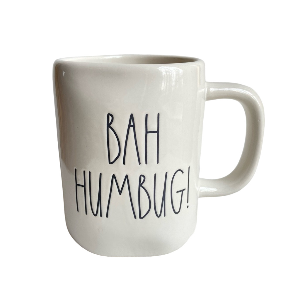 Rae Dunn Magenta Bah Humbug Christmas coffee mug ceramic white with black 16 oz